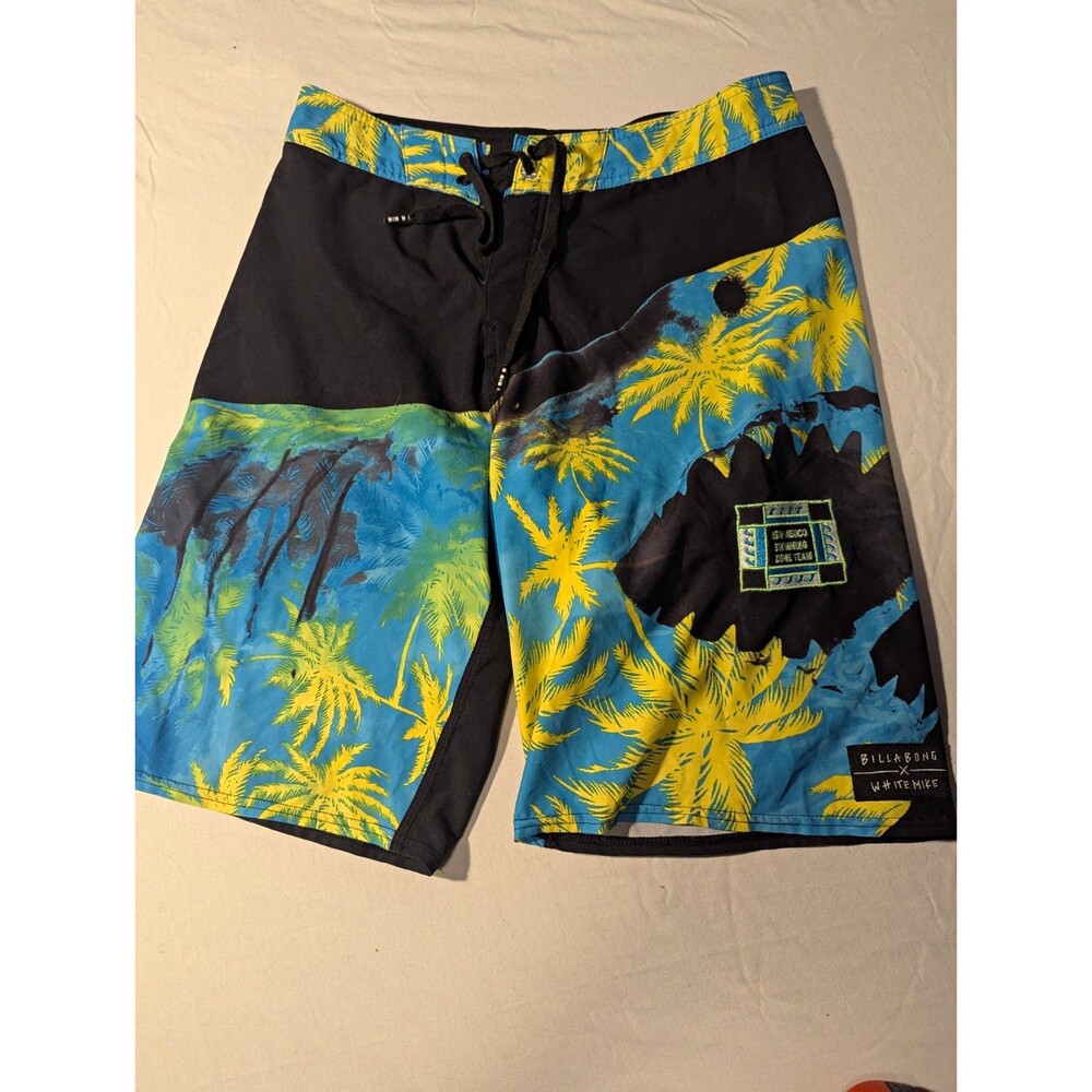 Billabong Men's Board Shorts Size 29 Black Blue Yellow Green Floral Drawstring